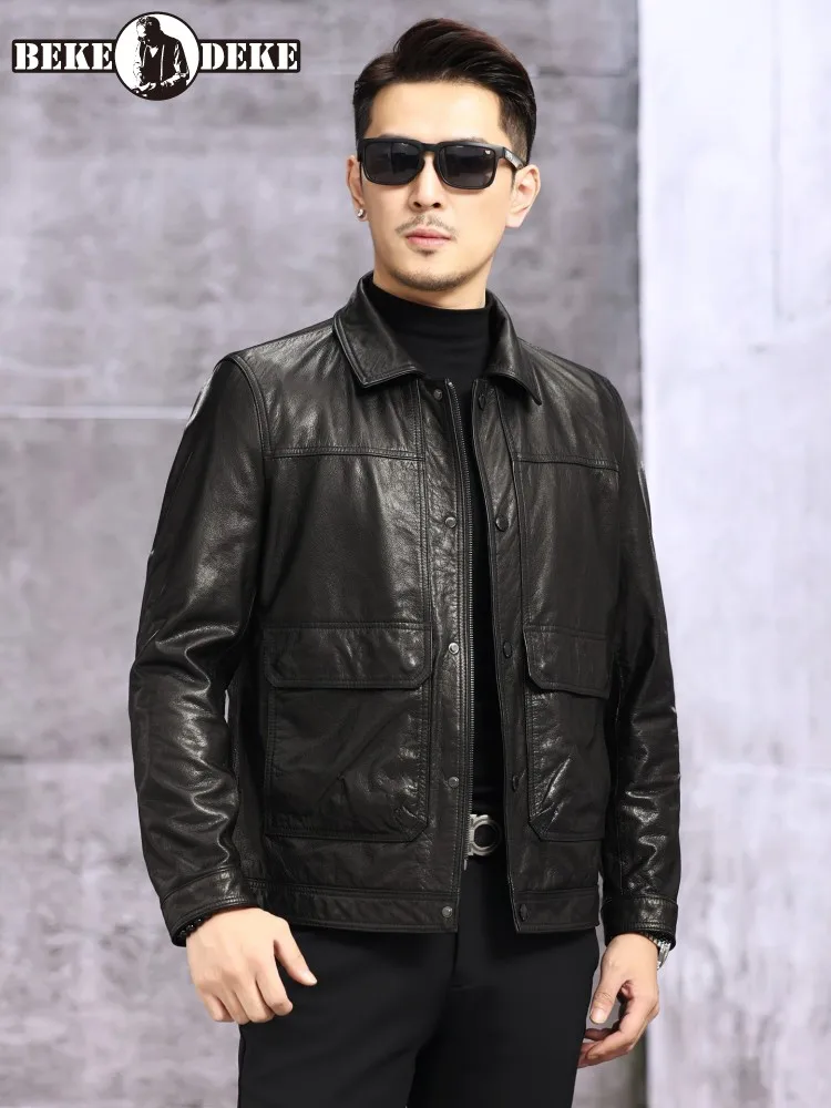 

Business Casual Mens Genuine Leather Jacket Autumn Winter Slim Fit Cowskin Short Coat Punk Streetwear Motorcycle Outerwear 5XL