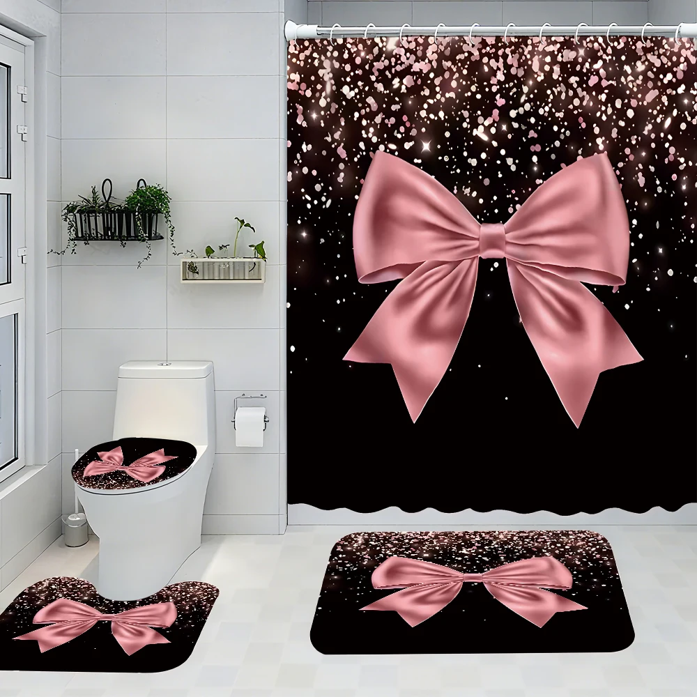 

Pink bow bathroom Four-piece Set - Avant-garde waterproof shower curtain, creating a complete bathroom kit