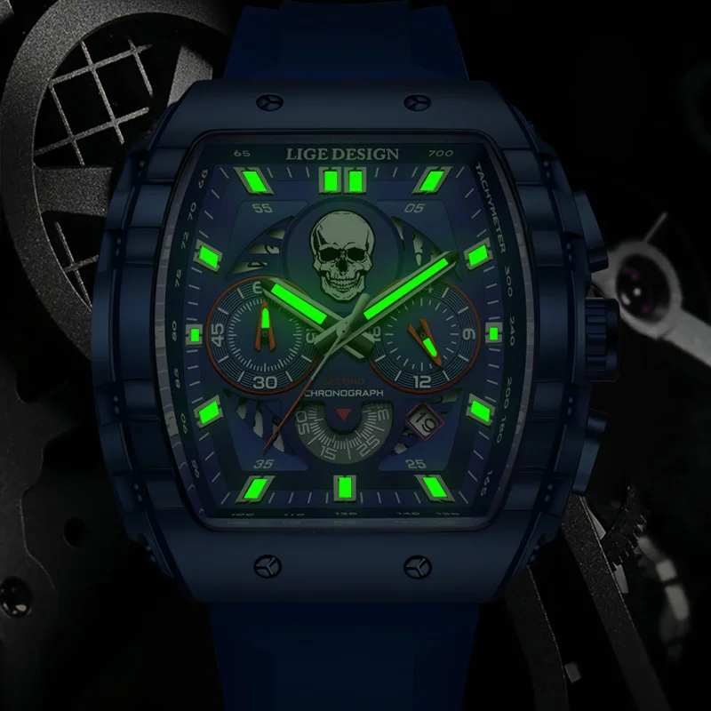 LIGE Man Watch Fashion Watch Men Silicone Strap Waterproof Quartz Watches Creative Skull Hip Hop Male Clock Luminous Big Dial