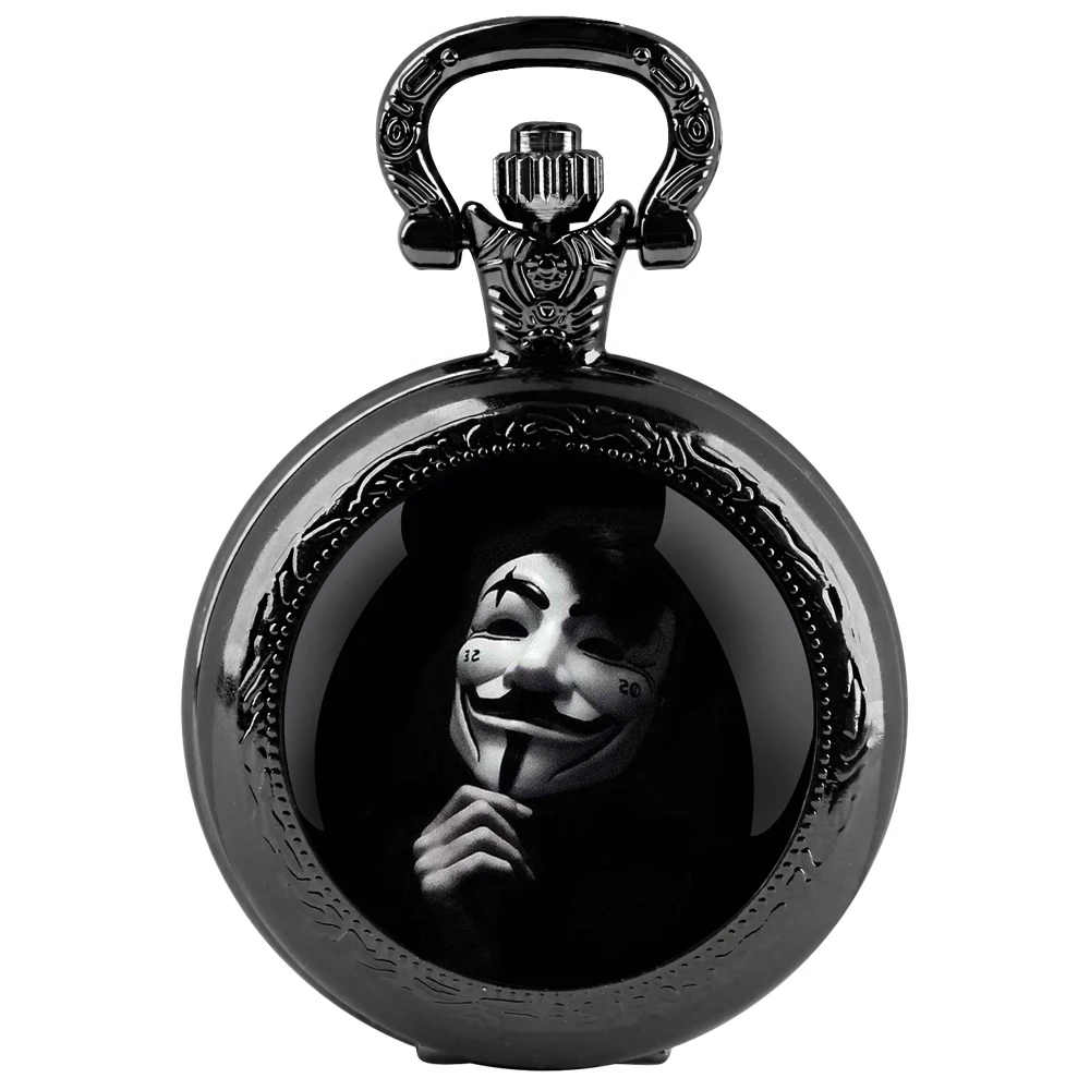 Masked Man Glass Dome Black Quartz Pocket Watch with Arabic Numerals Dial and Durable Chain Gift for Men Women