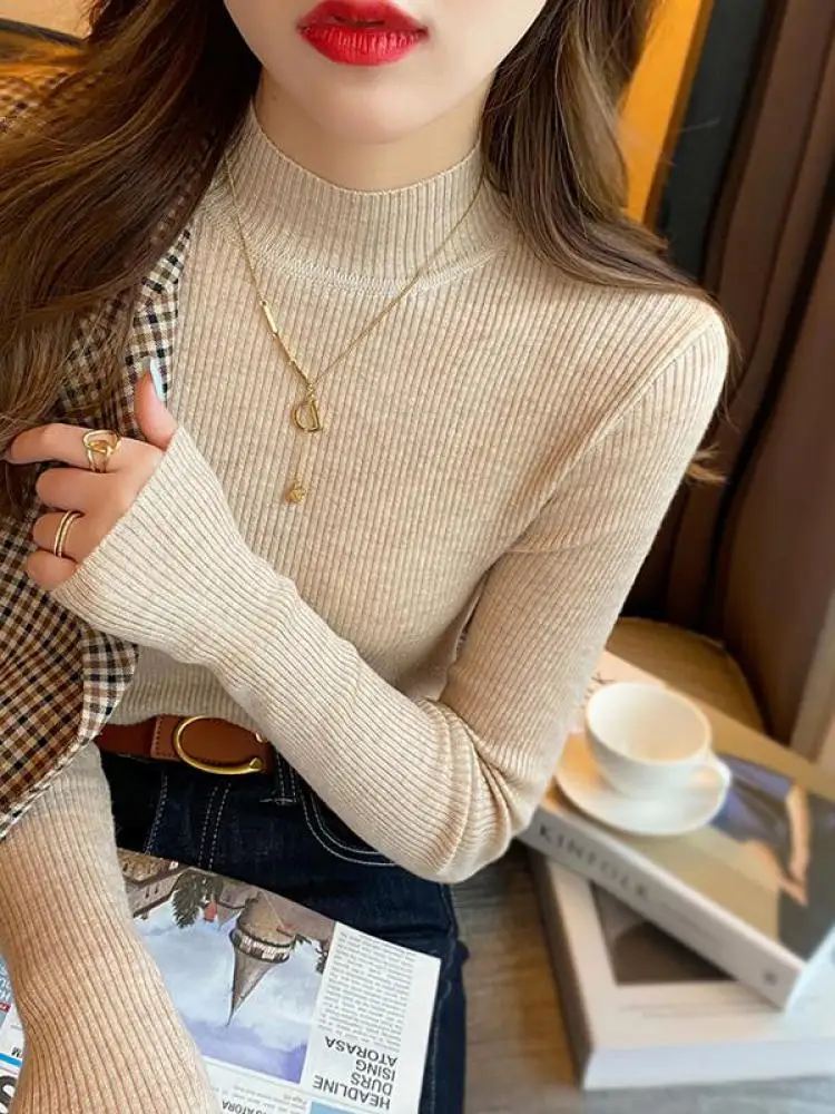 Autumn Winter Mock Neck Women Sweater Vintage Basic Solid Knitted Korean Tops Casual Slim Pullover Sweaters Simple Chic Jumpers