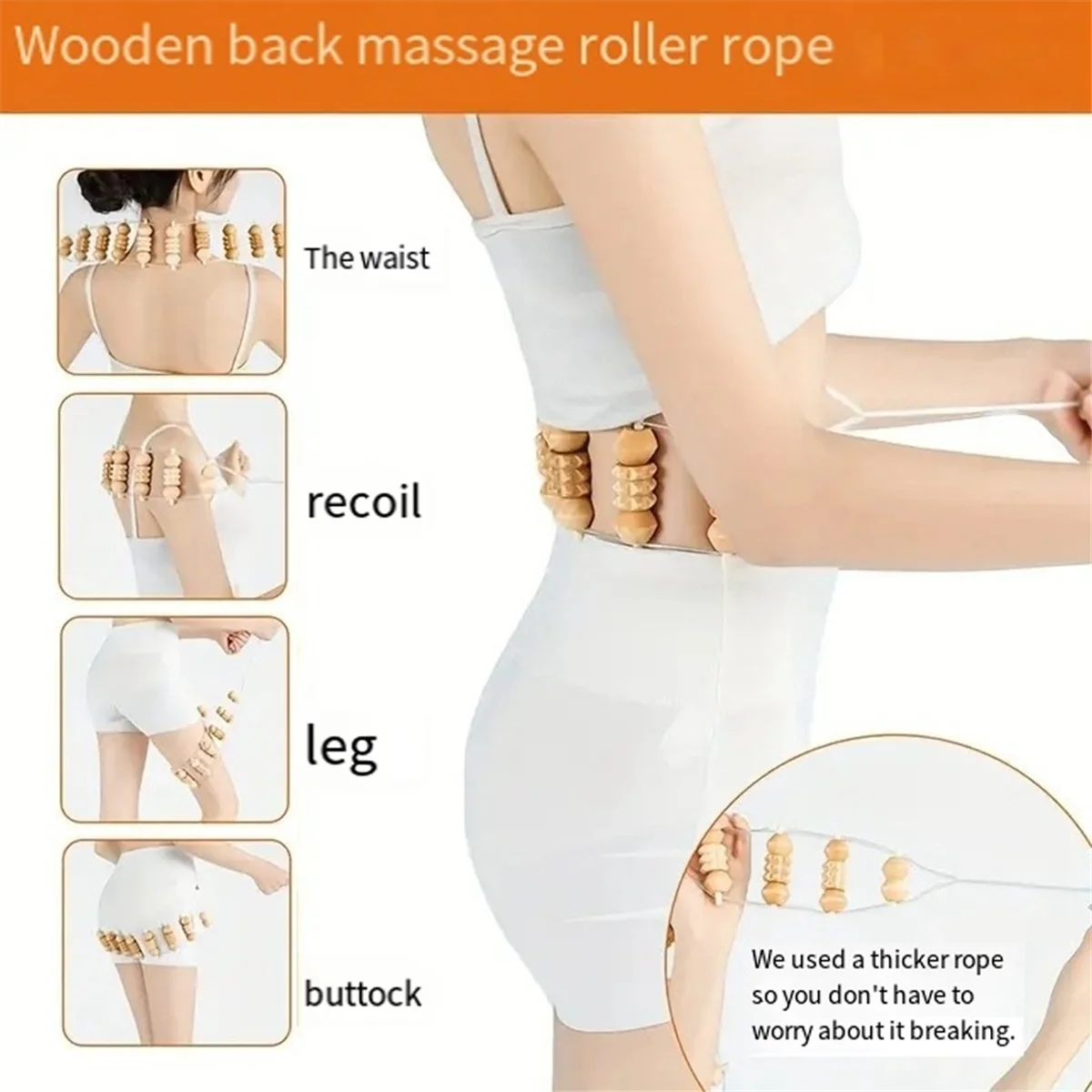 جهاز تدليك الظهر بحبل A71P - أداة تدليك 39.4 بوصة للظهر والرقبة والساقين والخصر وأسطوانة التدليك الخشبية #5