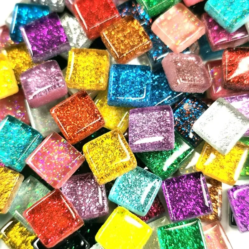 400g/14oz (sekitar 420 buah) Glitter Shiny kaca warna murni ubin mosaik 1cm persegi mosaik batu Multi warna bahan kerajinan DIY