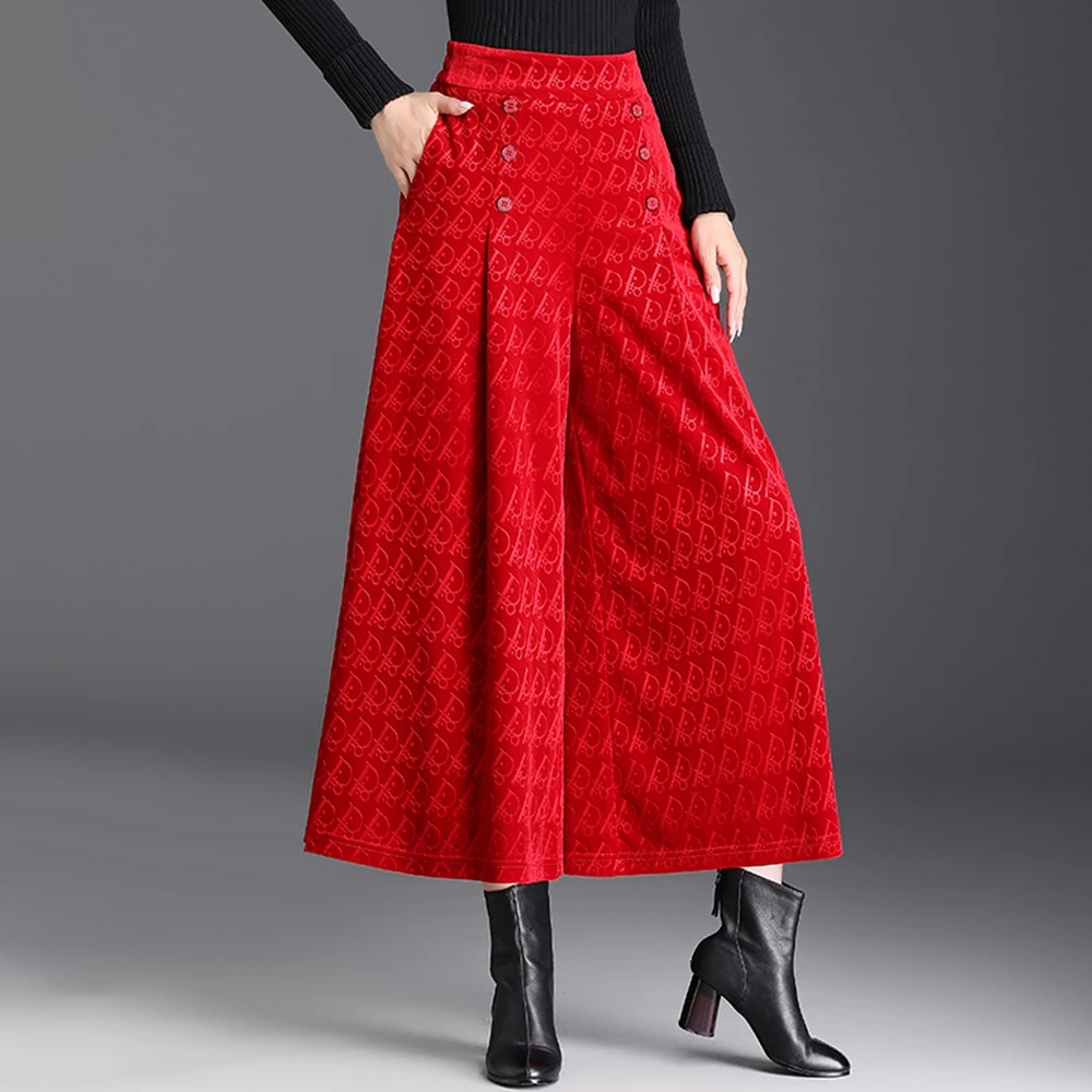 High Waist Elastic Waist Gothenburg Gold Velvet Wide Leg Pants 2023 Autumn/Winter New Women's Pants Nine Point Red Pant Skirt