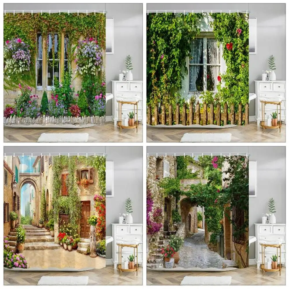 Tuscan Decor Collection Tuscan House with Rustic Wooden Door and Flowers Image Polyester Fabric Shower Curtains Bathroom Decor