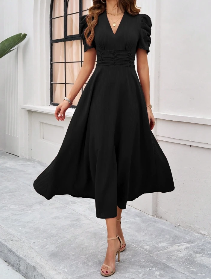 Women's fashionable temperament, high waist, high-end feeling, solid color, waist cinching short sleeved dress, summer new style