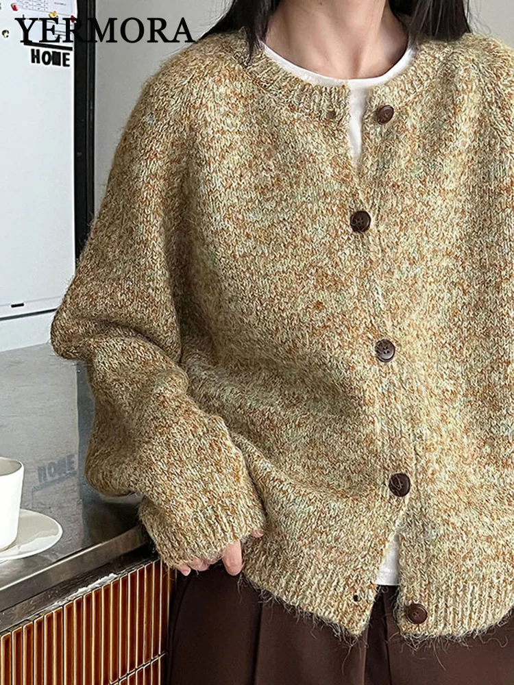 

YERMORA цвета хаки, повседневный шерстяной вязаный кардиган на пуговицах для женщин, свободный новый свитер с круглым вырезом и длинными рукавами, модный весенне-осенний 2025