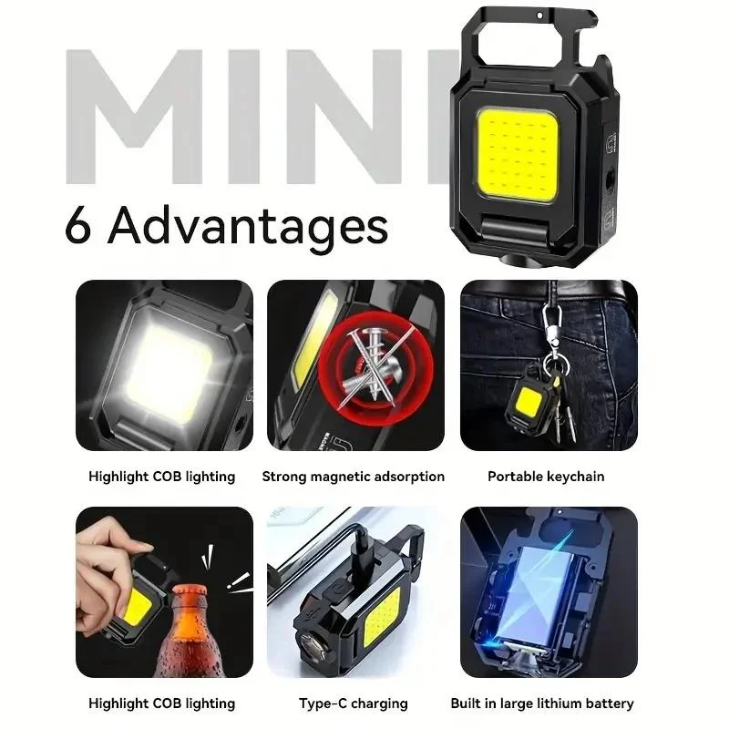 Multi Functional Flashlight Mini Keychain Light COB Work Light USB Rechargeable Lamp Side Lights Super Bright Portable Lanterns