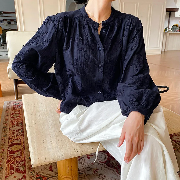 

Весна/осень 2022, новая рубашка во французском стиле, блузка, винтажная рубашка с длинными рукавами и круглым вырезом с вышивкой для женщин, топы в стиле бохо