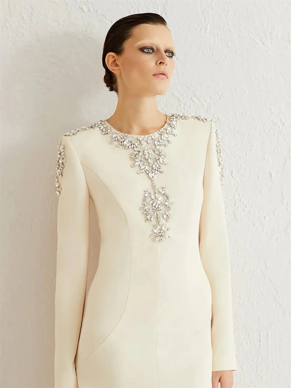 Customized Exquisite Jersey Evening Dresses Classic O-Neck Long Sleeves Celebrity Gowns High Quality Sweep Train Party Gowns