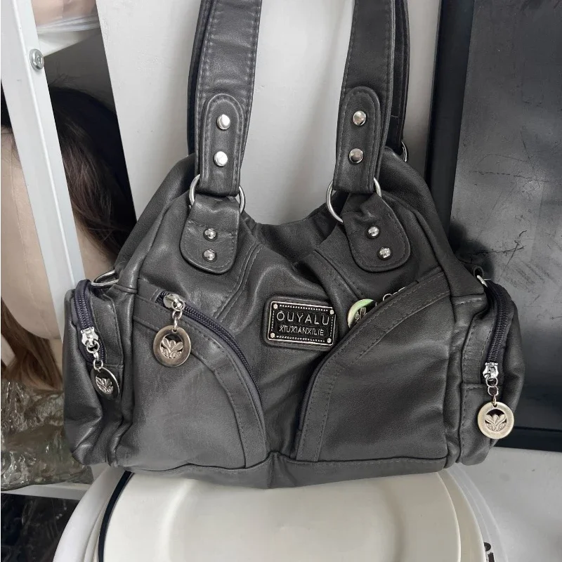 Xiuya Y2k Vintage Shoulder Bag for Women Large Capacity Gothic Soft Pu Leather Motorcycle Handbag Casual Gray Mens Armpit Bag