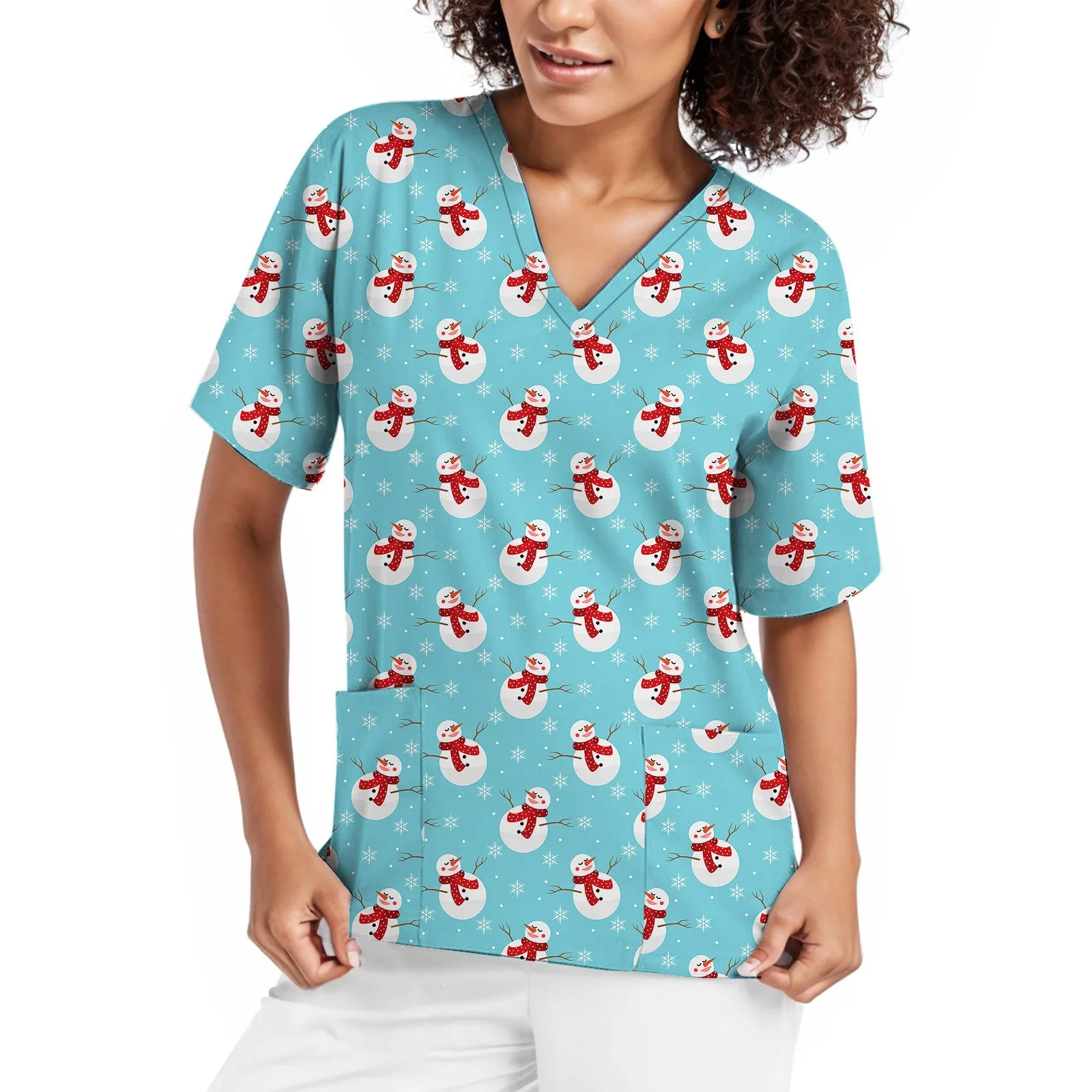 Kerst Scrub Tops Verpleegster Shirt Casual Katoen Korte Mouw Medisch Uniform Verpleegster Blouse V-Hals Uniformen Tops Uniform Kleding