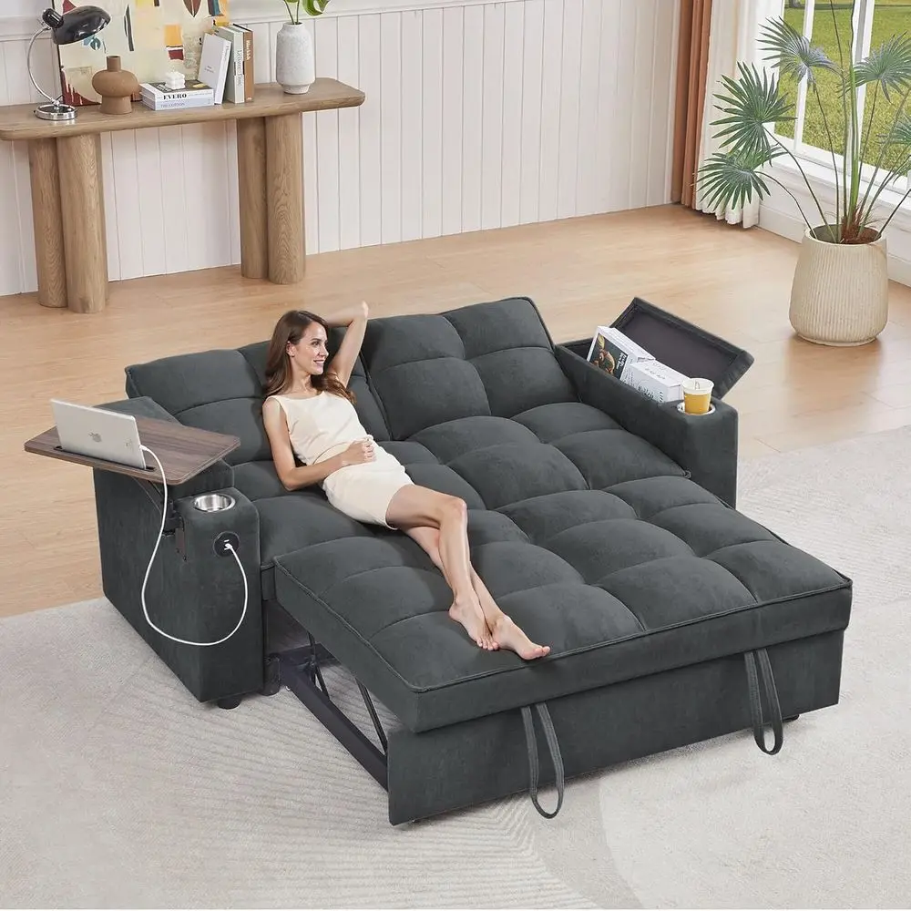 

66 Pull-Out Sofa Bed with Side Table, Storage, Charging Port, Spring Mattress - Perfect for Small Spaces, Easy Assembly