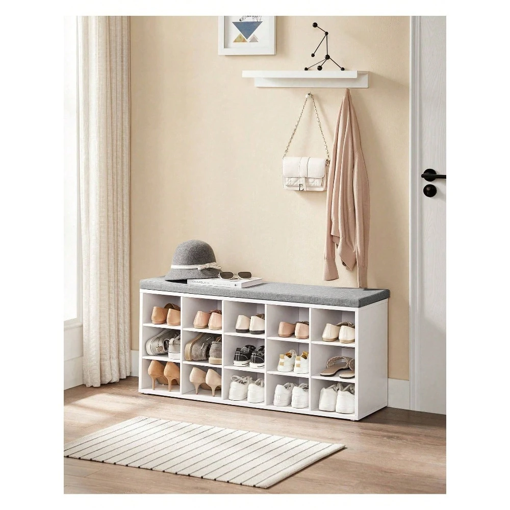 

Shoe Bench With Cushion, Storage Bench With Padded Seat, Entryway Bench With 15 Compartments, Adjustable Shelves
