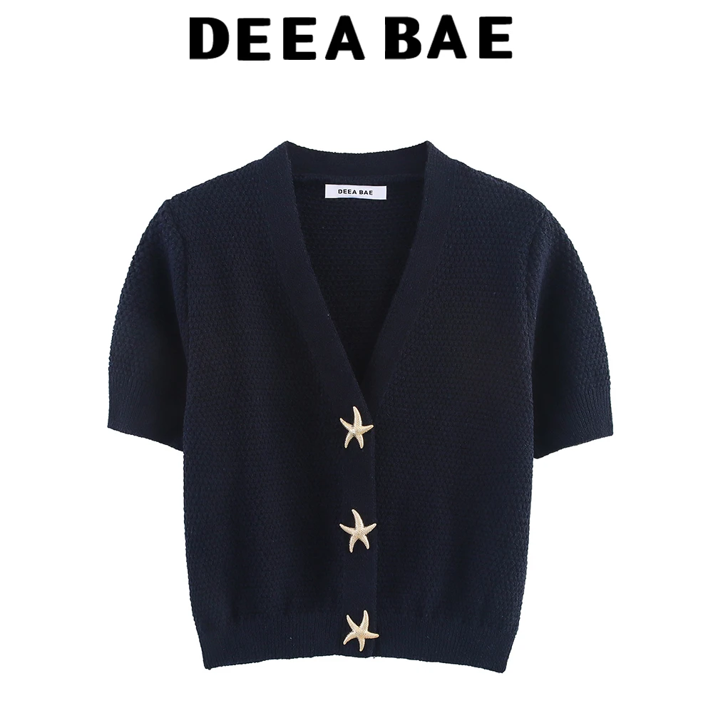 DEEABAE レトロスターボタン V ネック半袖ニットセーターカーディガン女性用、ゆったりと多用途、スリミングショートジャケット