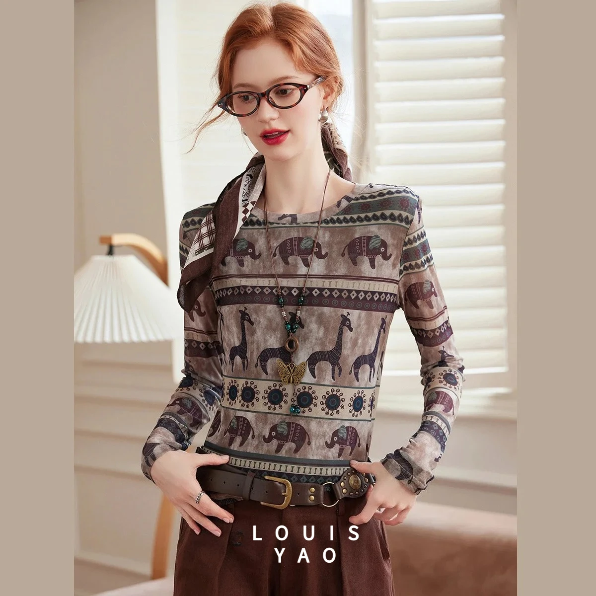 

LOUISYAO Printed Slim-Fit Knit T-Shirt 2025 Autumn Long-Sleeve Tees Slightly Stretch Crew Neck Top Mesh Overlay Women's T-Shirt