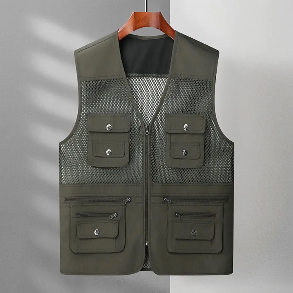 

Men Waistcoat Multi-Pocket Hollow Mesh Splicing Vest Zipper Placket Quick Drying Casual Thin Vest Loose Fit Cargo Waistcoat