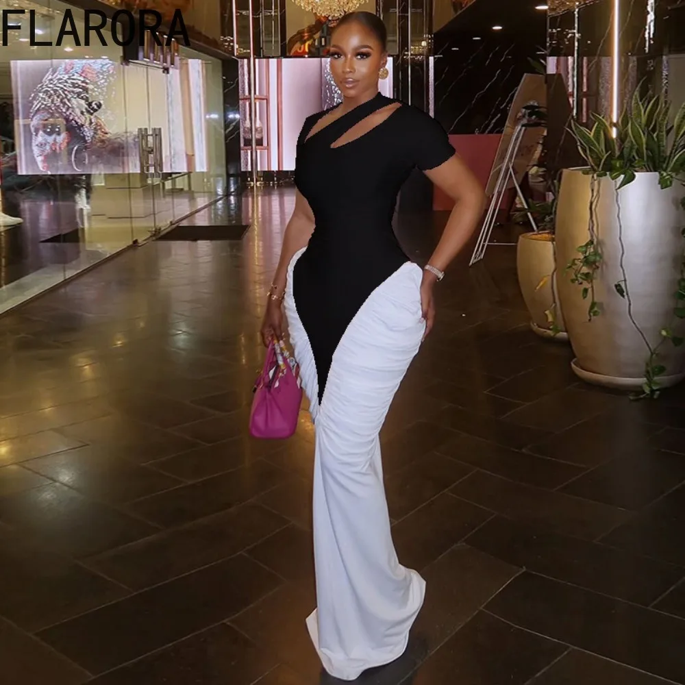 Florora elegante ruched retalhos maxi vestido mulher gola inclinada oco para fora magro vestidos longos moda festa clubwear vestidos