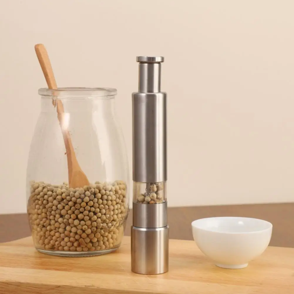 Premium Salt Pepper Grinder Set Stainless Steel Salt Pepper Grinder Set Refillable Thumb Pump Spice Mill Modern Push Button Herb
