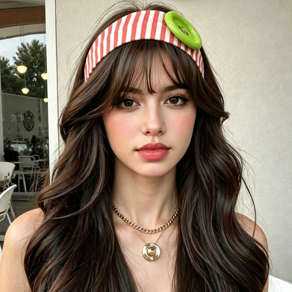 Dopamine Style Sports Striped Printed Headband Oversized Button Stretch Fabric Yoga Headband Polyester Vintage Fitness Hairband