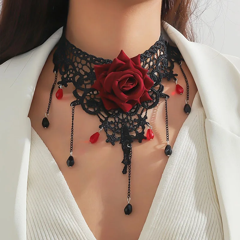 Gothic Red Rose Necklaces New Vintage Exaggerated Dark Lace Necklace Party Wedding Women's Necklace Jewelry Gifts