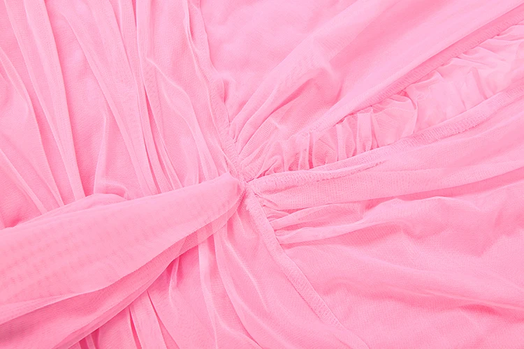Weird Puss Elegantes Rückenfreies Kleid für Damen mit Tiefem V-Ausschnitt, Neckholder, Gerafftem Rock, Schlitz, Mesh-Patchwork, Sexy Party-Club-Kleid mit Pfirsichfarbenem Po-Effekt – Detail 16