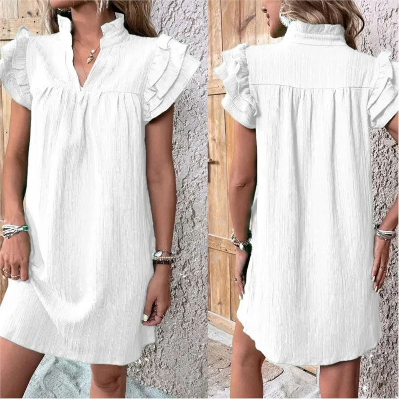 Women's Boho Dress New Summer Fashion Versatile Multi-layer Ruffle Sleeve V-neck Pullover Loose Midi Prom Dresses For Women