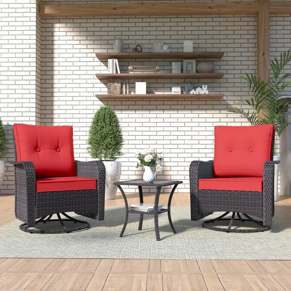 3-Piece Outdoor Swivel Pulley Rocking Chair, Wicker Patio Bistro Set with Tempered Glass Side Table and Padded Cushion (Red)