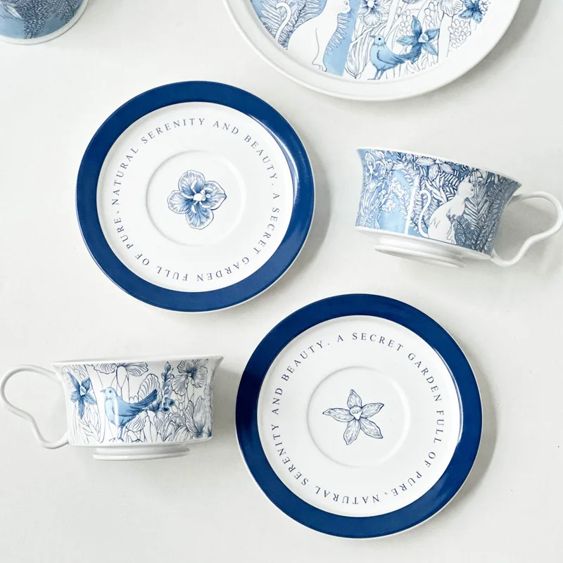 

Cat and Bird Coffee Cup And Saucer and Dessert Plate Set Hand painted Elegant Ceramic Afternoon Tea Cup Korean Cups