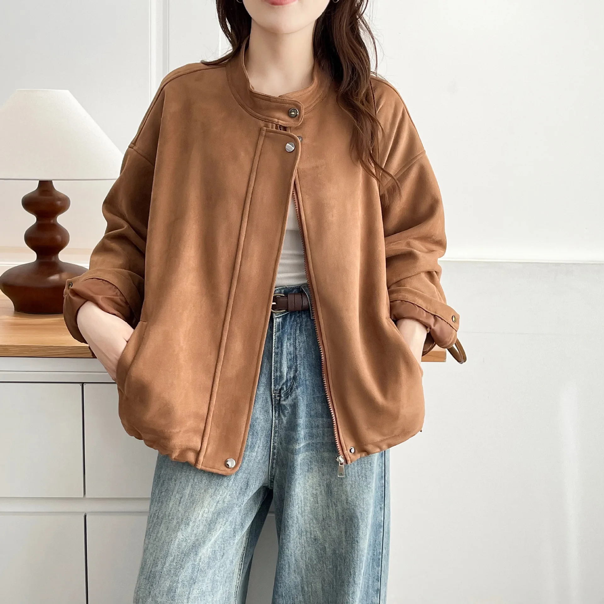 

XXXXL модная женская куртка больших размеров, осеннее элегантное замшевое повседневное пальто на молнии