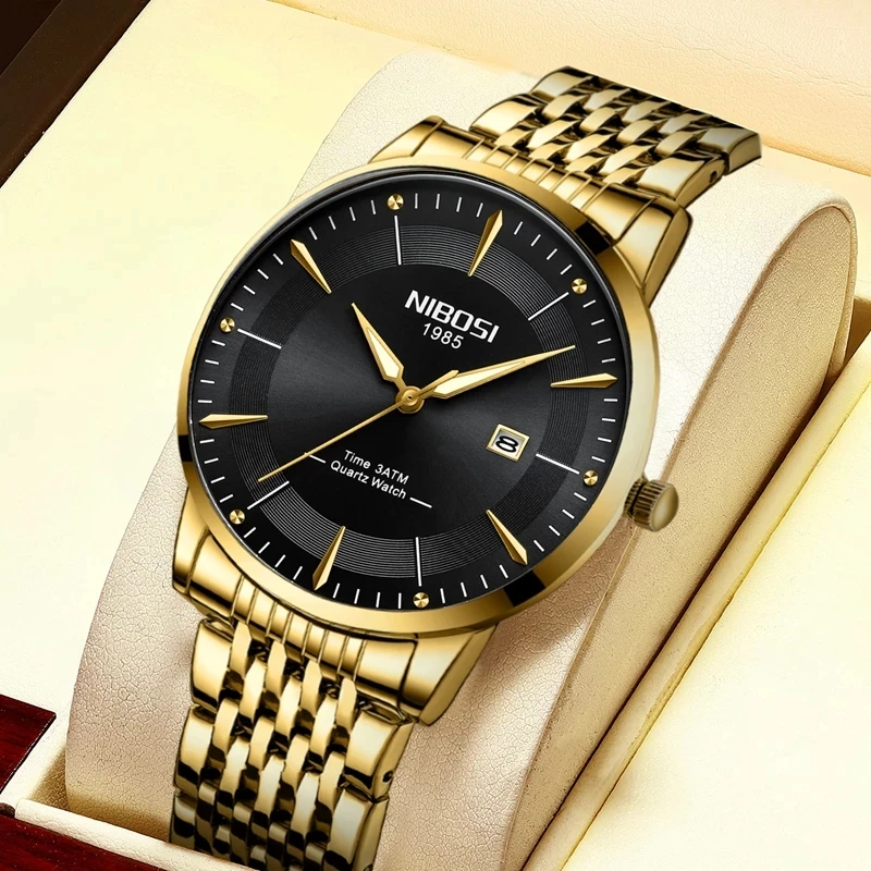 

NIBOSI Mens Watches Top Brand Luxury Gold Black Quartz Watch for Men Stainless Steel Waterproof Date Business Men Wristwatches