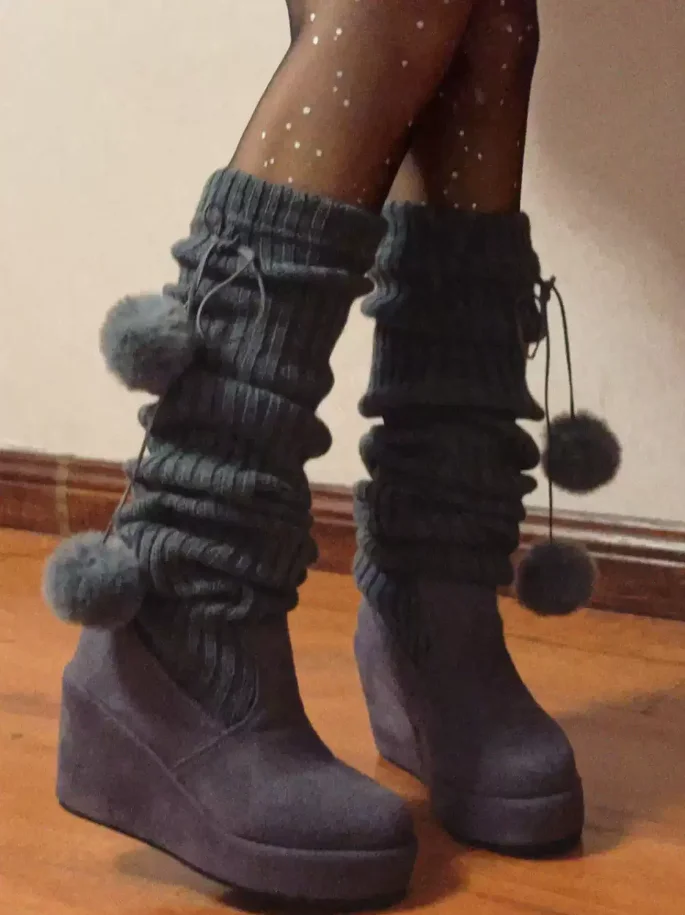 Autumn/Winter New Arrivals Women's Grey Knit Cuff Wedge Boots Pom Pom Decor  Suede Platform Mid Calf Boots Warm Fashion Boots