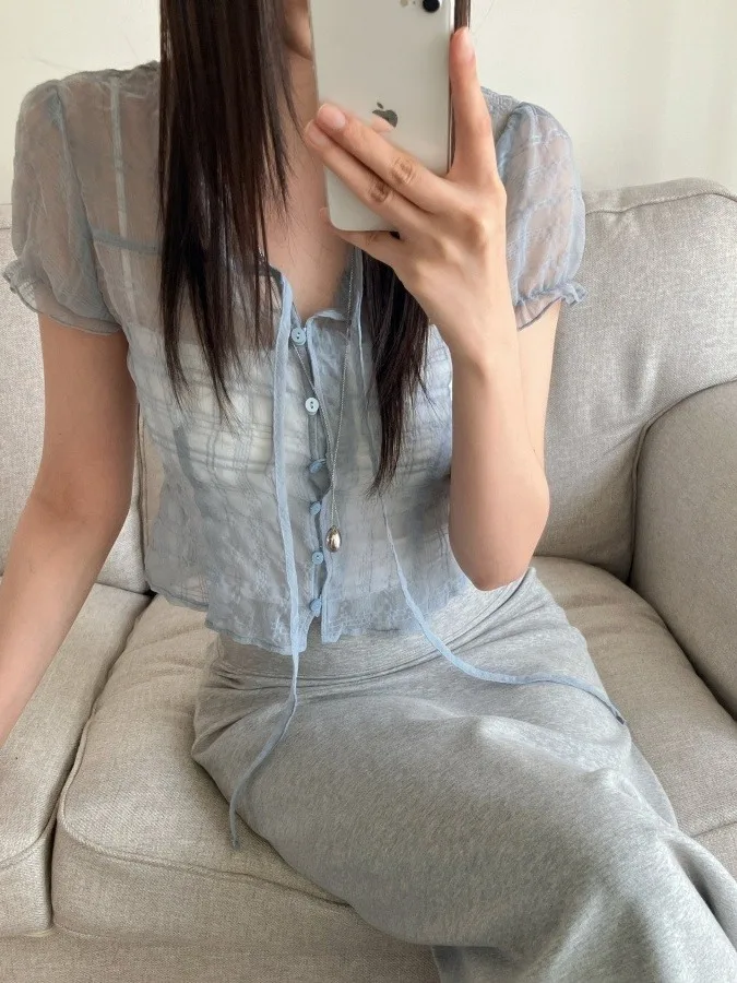 Unique Beautiful Women's Shirt Summer INS Floating Ribbon Silk Plaid Single Button Short Micro Transparent Korean Style V-neck