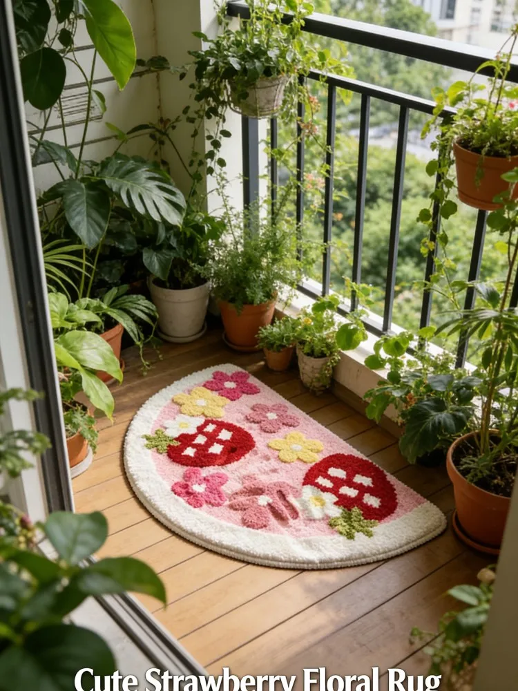 Halbrunde Fußmatte mit Erdbeerblüten-Motiv, niedlicher, rutschfester Plüschteppich, ästhetische Bodenmatte für Schlafzimmer, Badezimmer, Eingangsbereich