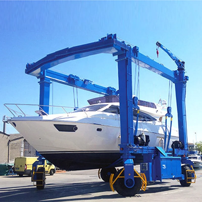 100T 200T Marine Travel Lift Up To 24M Span Wireless Remote Control 24H Operation Boat Hoist Crane For Marina Shipyard