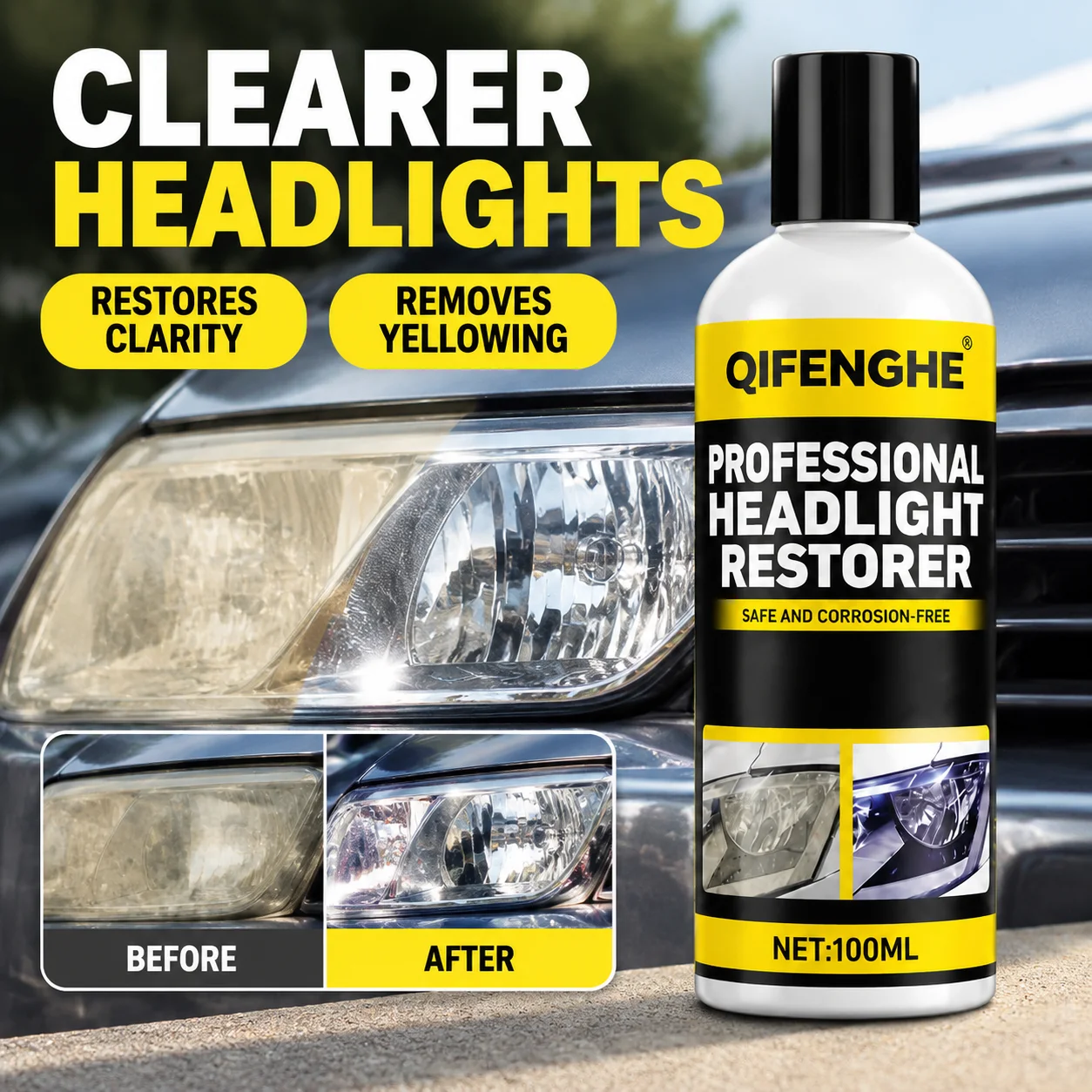 Professional Headlight Restorer - Improves Yellowing, Oxidation & Fogging - Abrasive Lens Polish for Clearer, Brighter Headlight