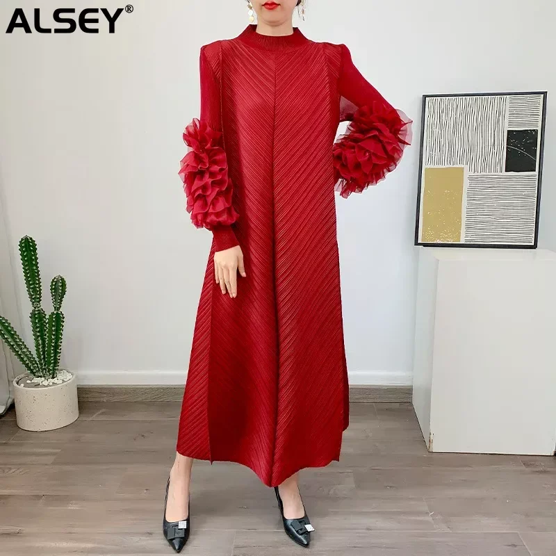 

ALSEY Miyake Spring Casual Pleated Maxi Long Dress Fashion Solid Full Sleeved Festival Dresses Elegant Women's Clothing