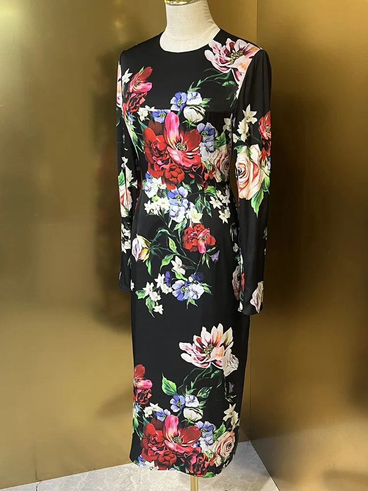 AELESEEN Elegant Sheath 100% Silk Dress For Women Spring Autumn Sicilian Full Sleeve Colorful Flower Print Split Slim Party