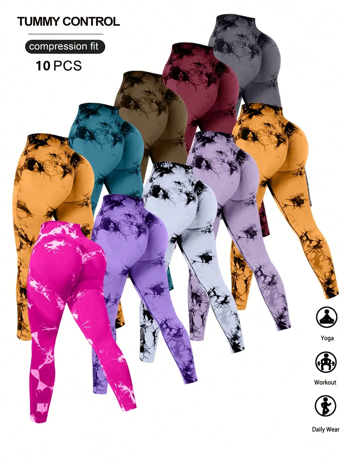 Celana Yoga QGU 10-Piece High-Waisted Tummy-Control, Legging Fitness Tie-Dye, Celana Olahraga Stretch Pengangkat Bokong