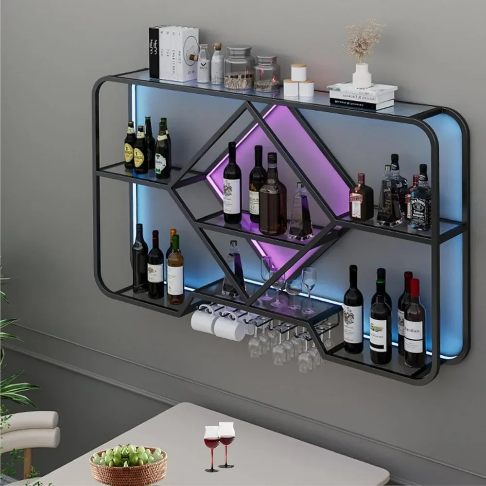 Wine Rack Bar Shelves Wall Mounted ，with hanging Wine Glass Racks， with light strip for Home Bar Dining Room Decoration