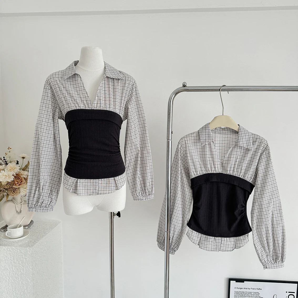 

Slim Fit Two-in-One Plaid Shirt Color Block Collared Blouse Women's Designer Long Sleeve Autumn Vintage Chic Top