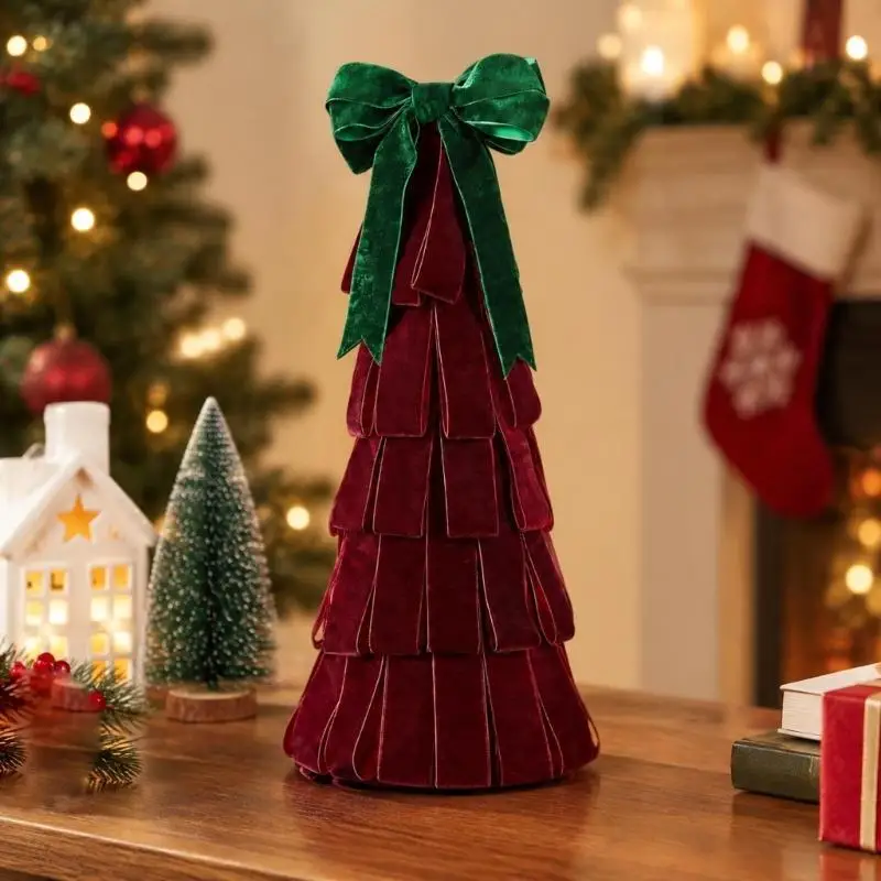 Tiered Ribbon Christmas Tree Accent with Textured Fabric, Raised Top Detail, and a Freestanding Display Form Indoors 24BB
