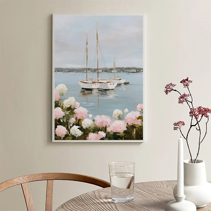 Sailboats Coastal Hydrangeas Beach Umbrella Wildflower Poster Canvas Painting Print Wall Art Picture for Living Room Home Decor