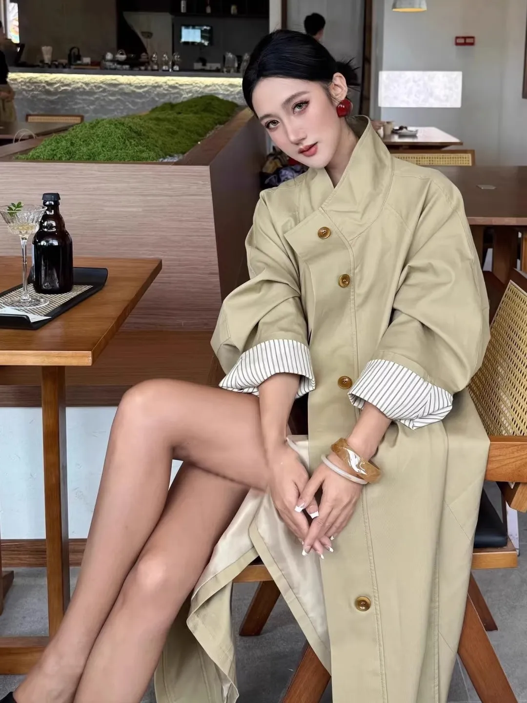 

Korean Sle Long Casual Coat Women's Spring Autumn New Faion High Waist Size plus Size Khaki Color Windbreaker Jaet