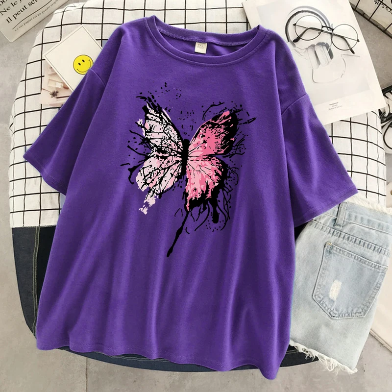 Pink Harajuku Butterfly T-Shirt Women Casual Breathable T Shirt Street Hip Hop Short Sleeve Cotton Cool Oversized Tshirt