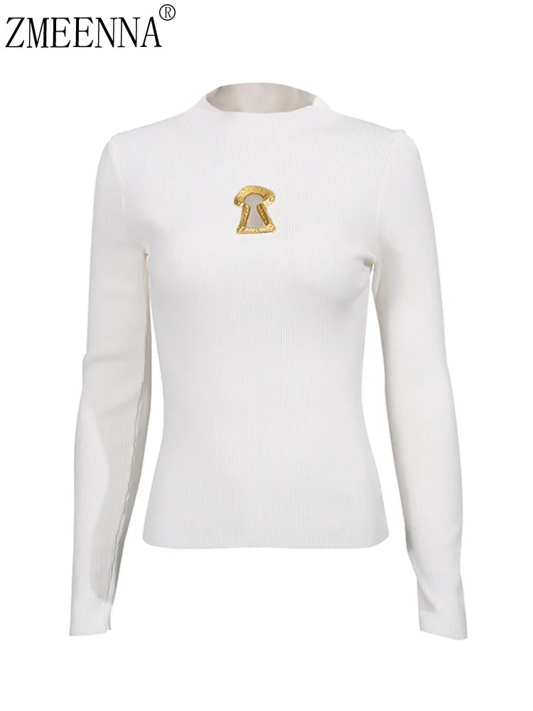 

ZMEENNA Womens White Mock Neck Ribbed Knit Sweater Gold Bell Brooch Slim Fit Pullover Long Sleeve Casual Elegant ZM4587