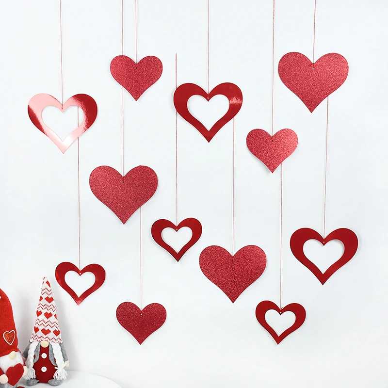 12PCS Valentines Day Heart Garland Banner Birthday Party Hanging Ornament Rain Silk Sequin Pendant Wedding Room Decoation Supply