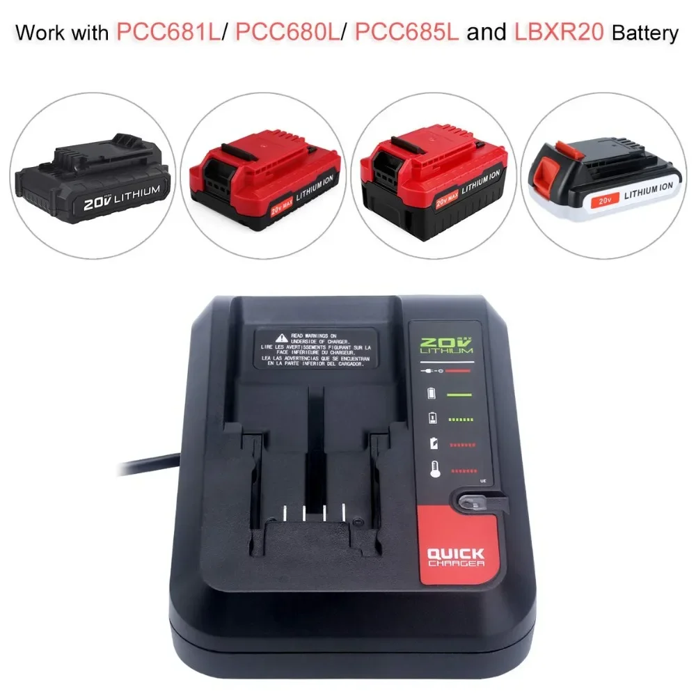 Szybka ładowarka do akumulatorów litowych 20 V do akumulatorów Porter-Cable 20 V MAX do akumulatorów litowych Black & Decker 20 V LBXR2020 PCC680L — zdjęcie produktu 4