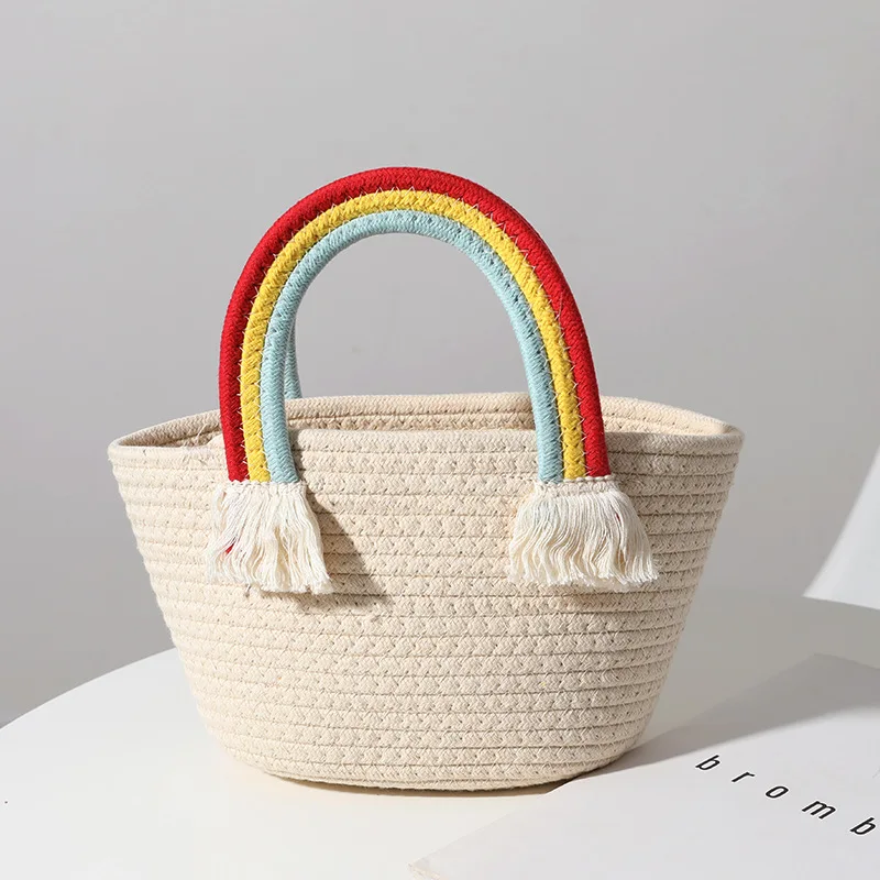 

Cotton Rope Woven Women's Handbags Rainbow Handle Tote Bag Designer Bohemian Summer Straw Beach Bags Female Knitted Purses Bag