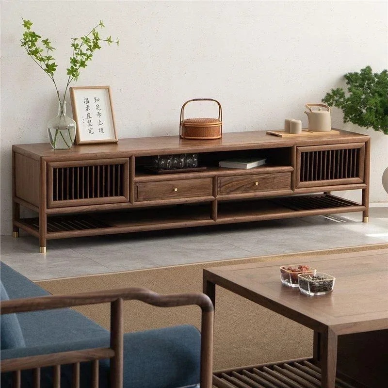Lemari TV kayu solid baru bergaya Zen dari kayu walnut hitam modern sederhana kombinasi lemari lantai.
